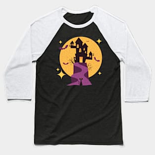 Spooky Haunted House with Mid Century Modern Cats for Halloween Baseball T-Shirt